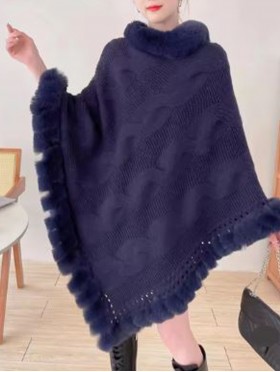 Solid Color Knitted Poncho W/ Fur Collar & Trim